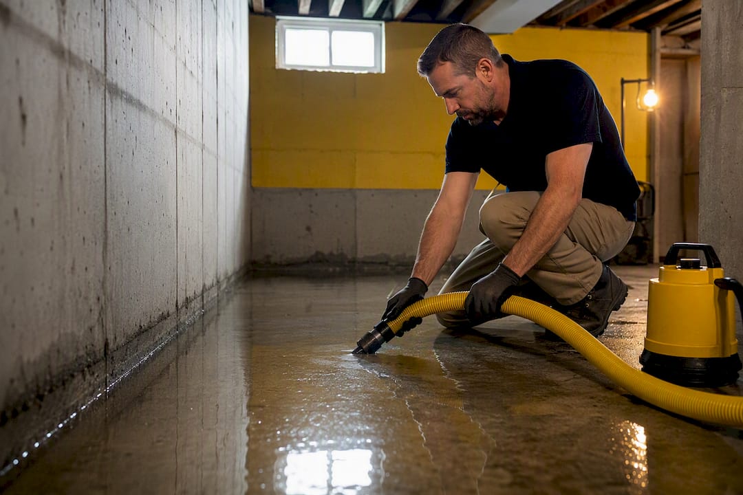 Technician staging controlled basement water removal