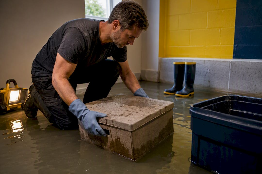 Gloved hands assessing water-damaged belongings
