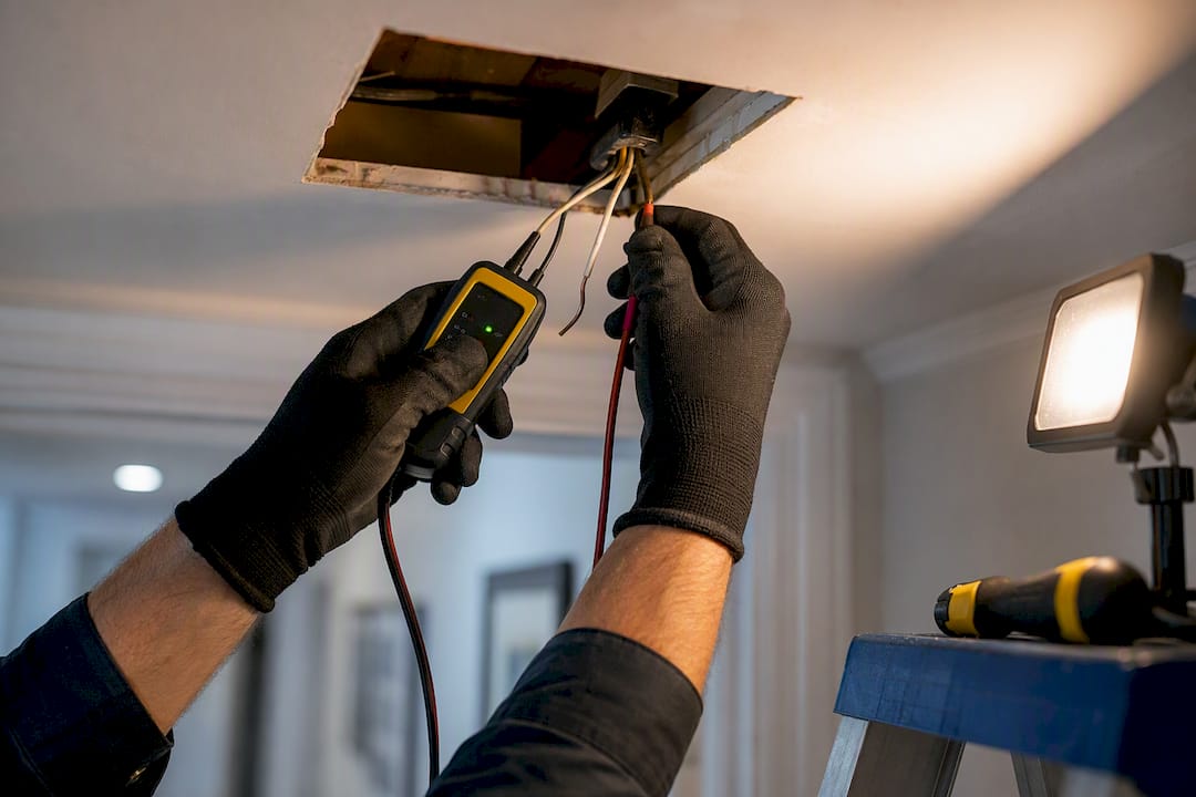 Electrician testing water-affected ceiling wiring