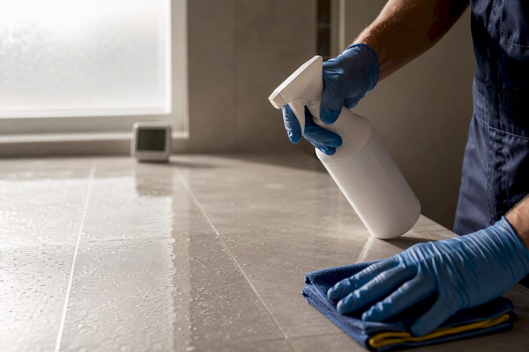 Gloved hand applying disinfectant with timer