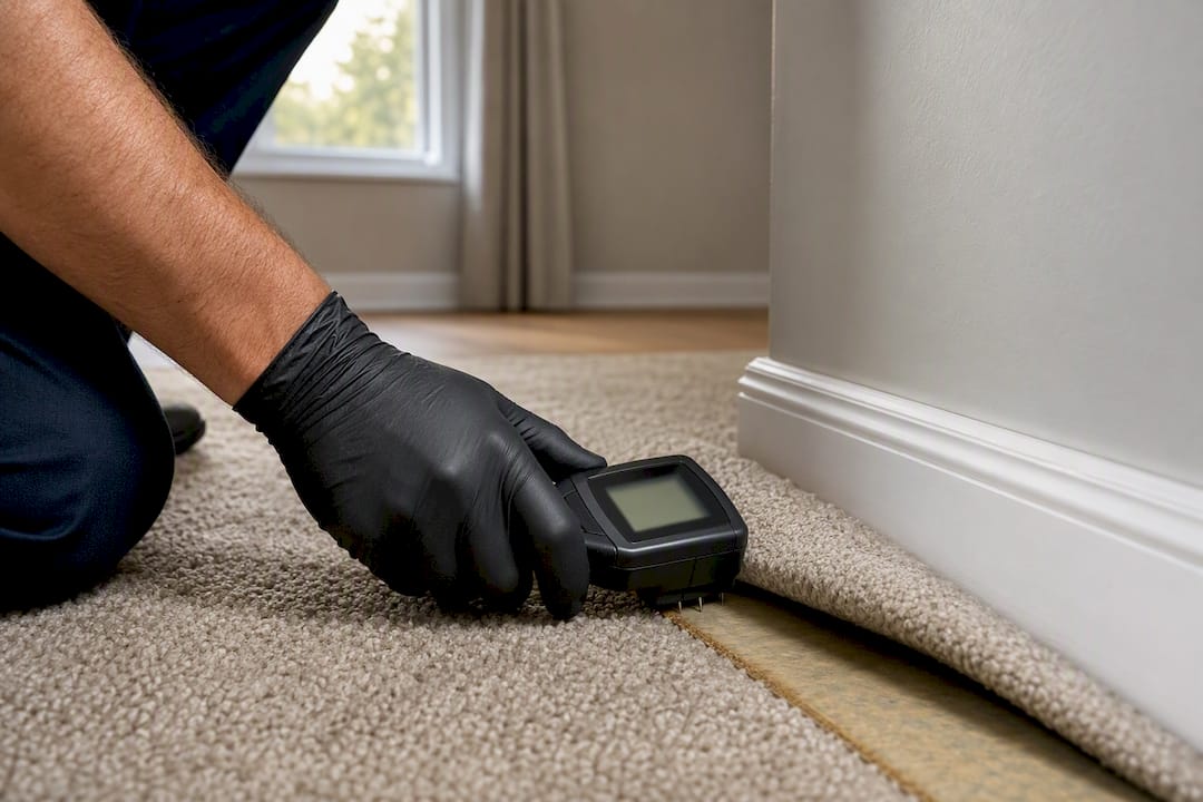 Technician checking moisture beneath carpet