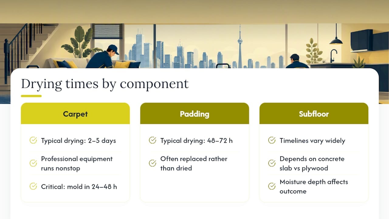 Carpet padding and subfloor drying timelines